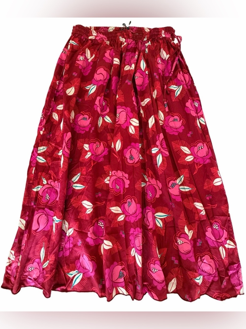 Gudrun Sjödén Red Pink Rose Floral Cotton Midi Skirt Elastic Waist S/M Lagenlook